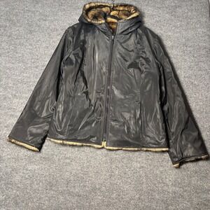 Braetan Reversible Faux Fur Hooded Jacket Womens Large Black Brown Zip Up Coat